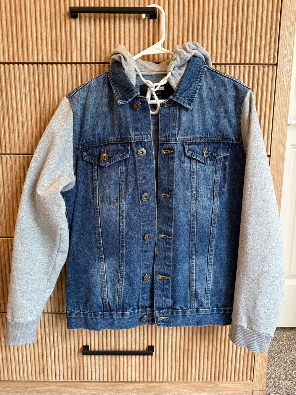 Blue Denim Jacket with Light Gray Hoodie Sleeves